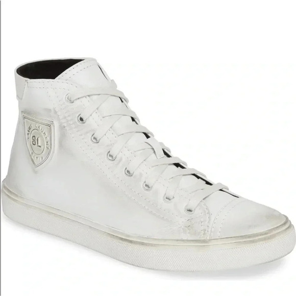 Saint Laurent Leather Bedford High Top Sneakers Vintage Effect White Size 8 US